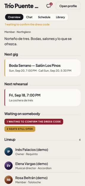 A Jamigo band workspace: overview, chat, schedule and library.