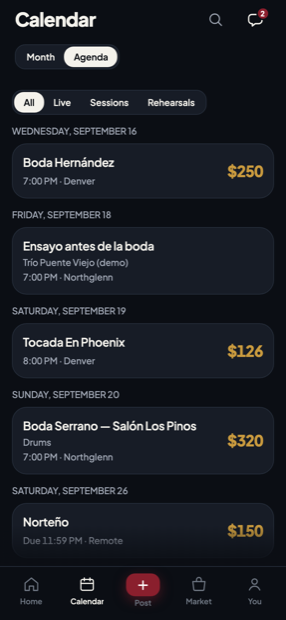 The Jamigo agenda view.