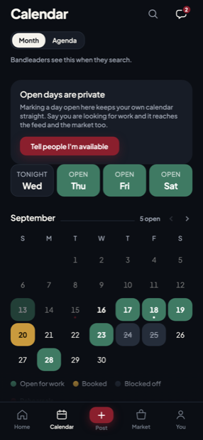 A month calendar with open, booked, blocked and rehearsal days.