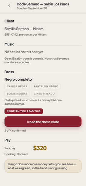 A gig in Jamigo: client, music, dress code and pay.